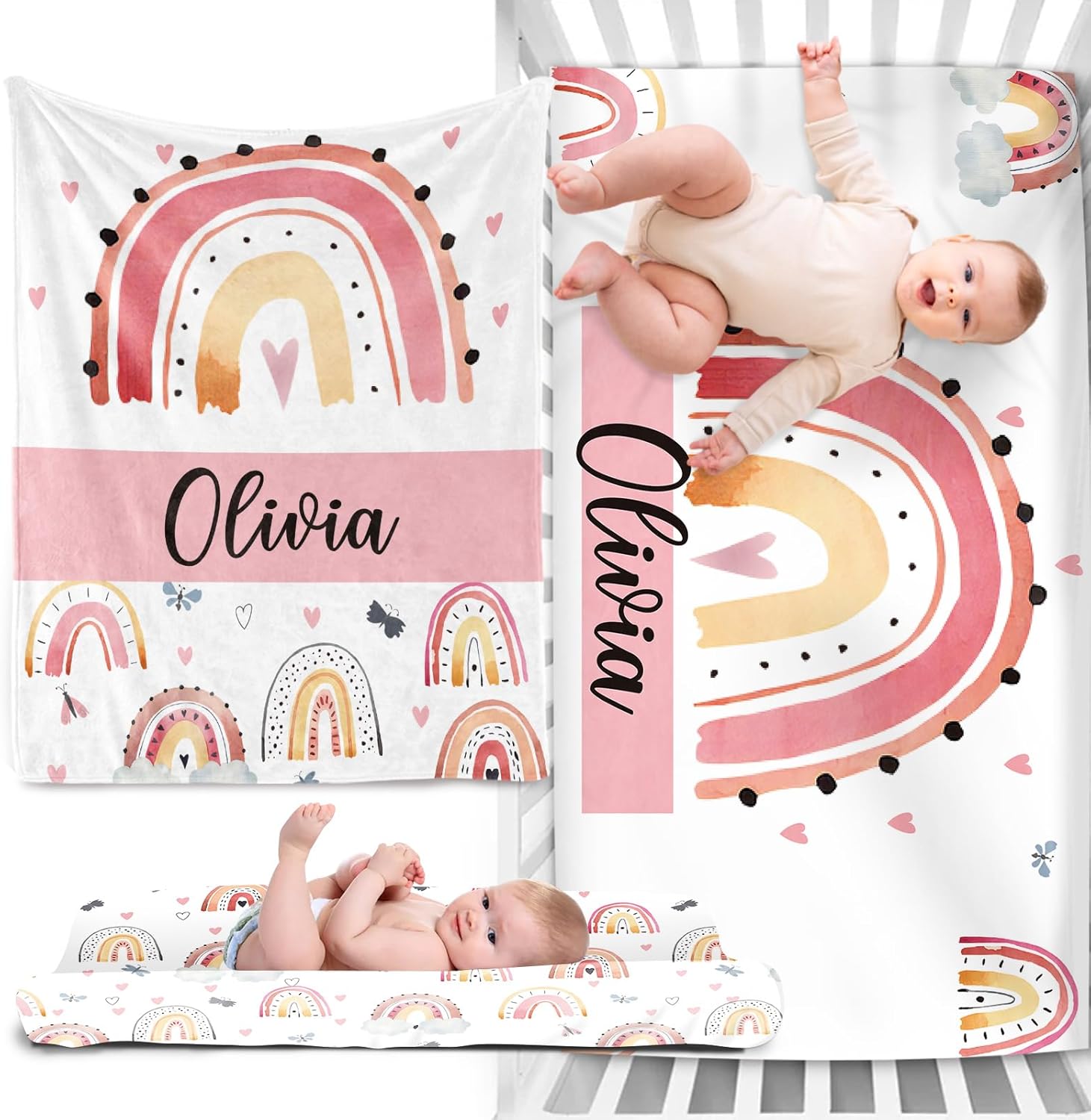 Custom Baby Crib Bedding Set - Personalized Name 3 Piece Nursery Crib Set Ball & Rainbow Designs - Comfortable Baby Blanket, Crib Fitted Sheet, Changing Pad Cover for Newborns Boys Girls Rainbow08