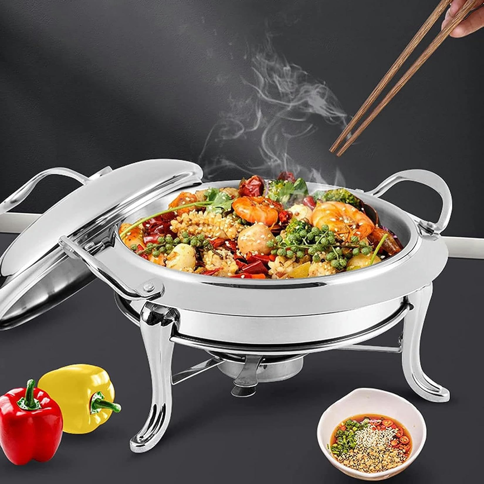 Chafing Dish in Acciaio Inossidabile per Uso Domestico,Set Scaldavivande Rotondo per Buffet con Teglia per Alimenti,Coperchio E Porta-Combustibile,per Buffet/Matrimoni