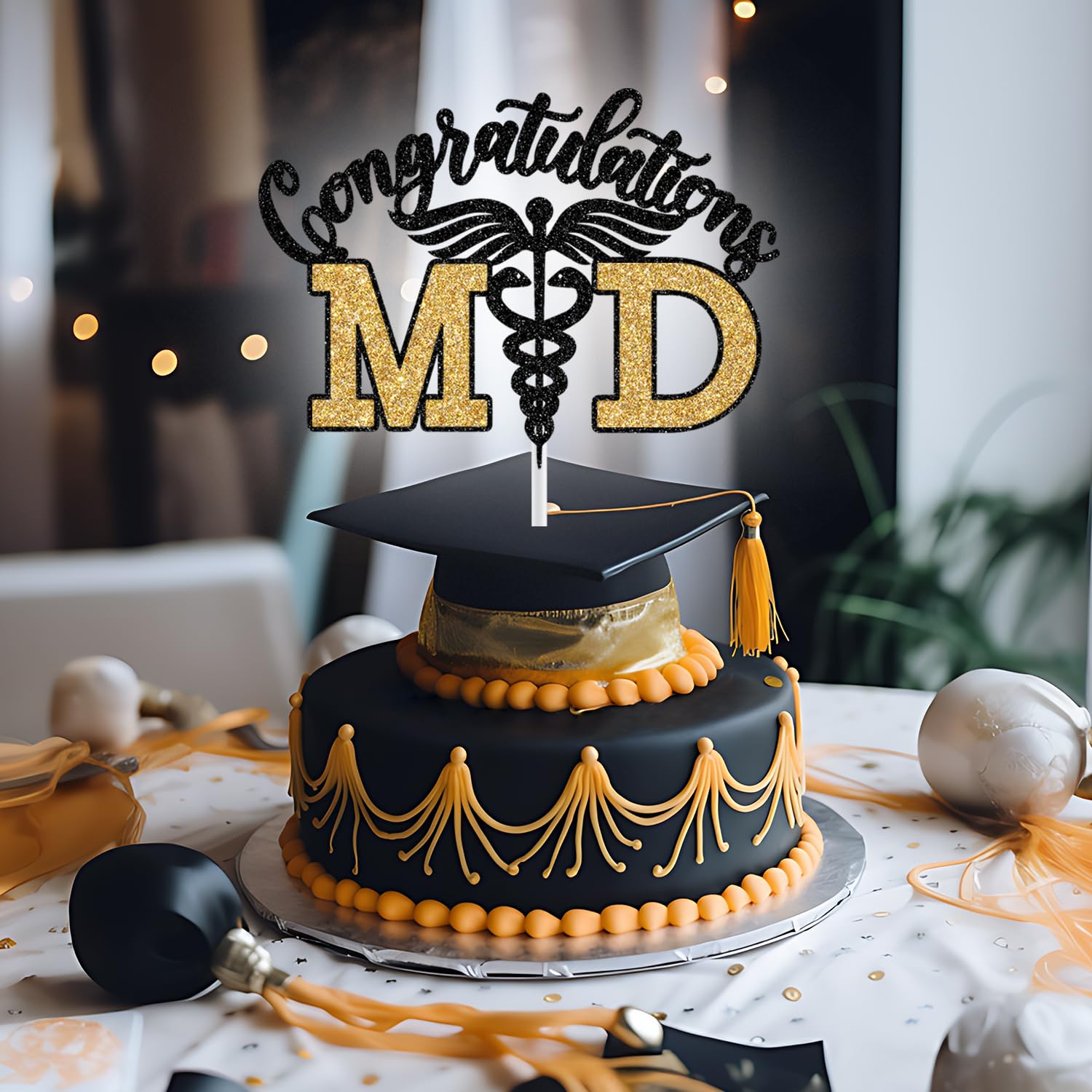 Congrats MD Cake Topper – Doktor Abschluss Dekoration In Schwarz-Gold Glitzer