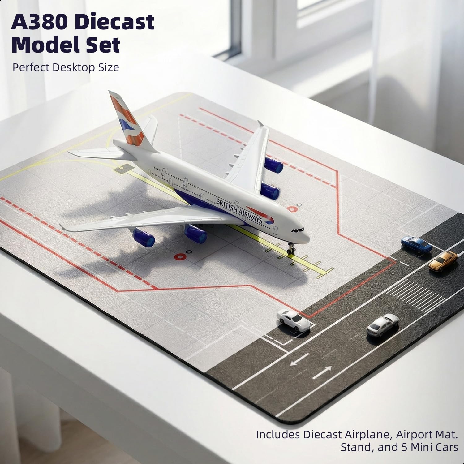 Maquette d'avion Britannique A380 (échelle 1/300) avec Tapis d'aéroport en Caoutchouc et 5 Voitures Miniatures en Métal – Objet de Collection pour Adultes (Scène d'aéroport)