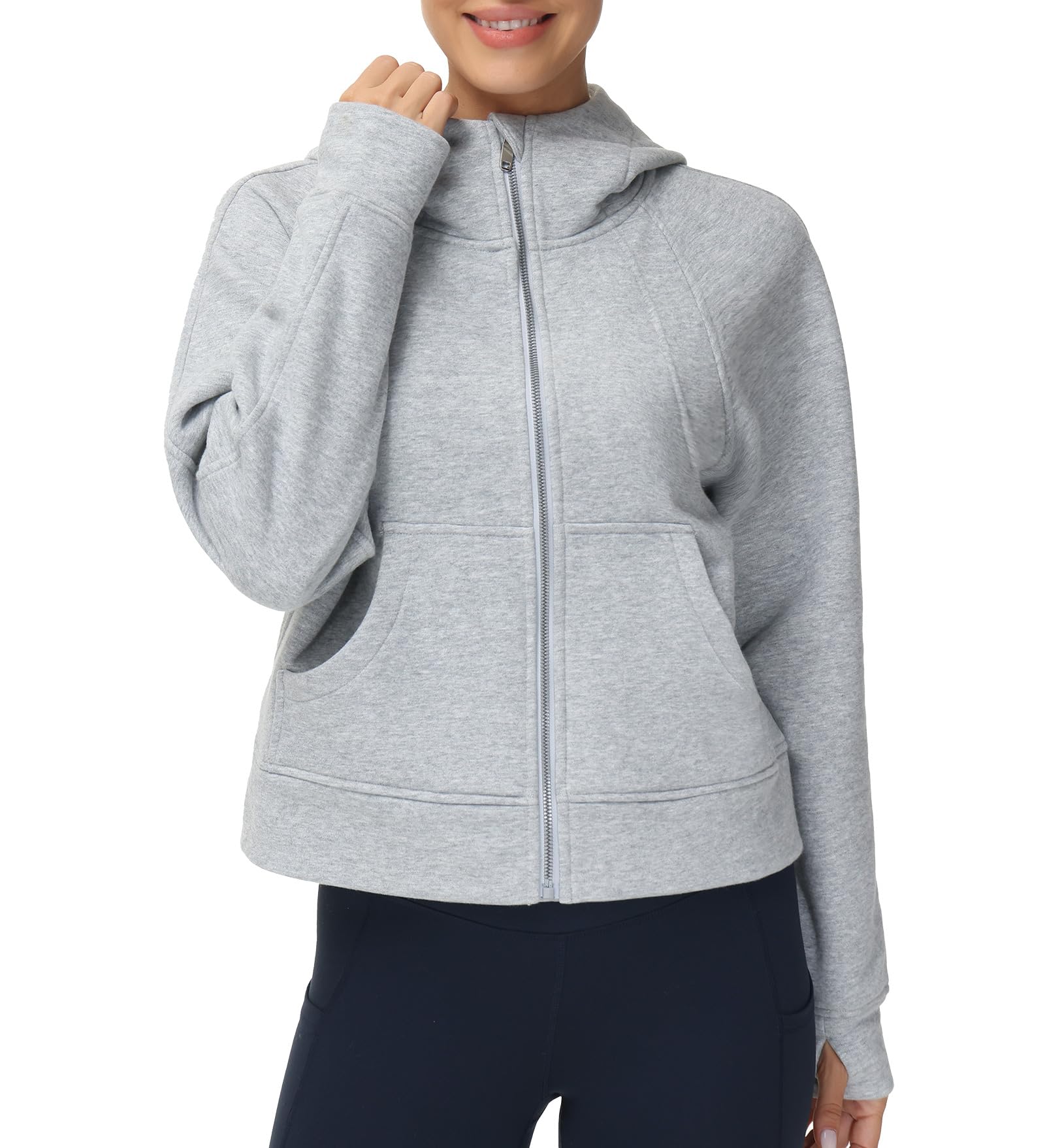 Women's Full-Zip Up Hoodies Jacket Fleece Workout Crop Tops Sweatshirts with Pockets Thumb Hole