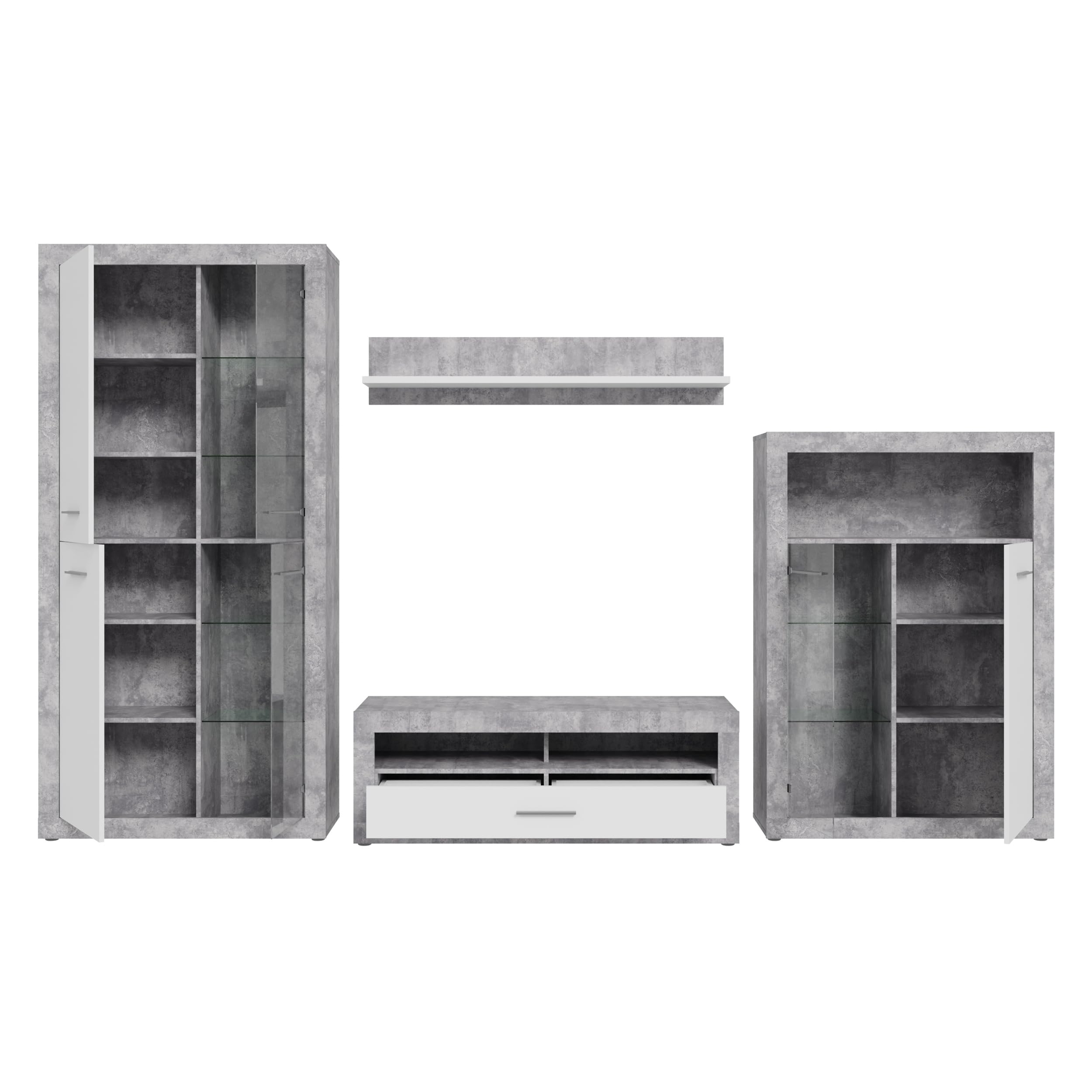 Forte Finley Wohnwand 330, Moderne Wohnwand mit TV Schrank, Vitrine, Wandpaneel und Kommode, Holzwerkstoff, Weiß mit Betonoptik Akzenten, 328,4 cm breit x 193,7 cm hoch x 41 cm tief