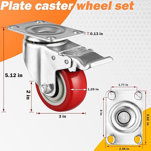 Miniatura 4 de Juego de 4 ruedas giratorias resistentes de 3 pulgadas juego de ruedas giratorias de doble bloqueo con freno ruedas de metal de poliuretano