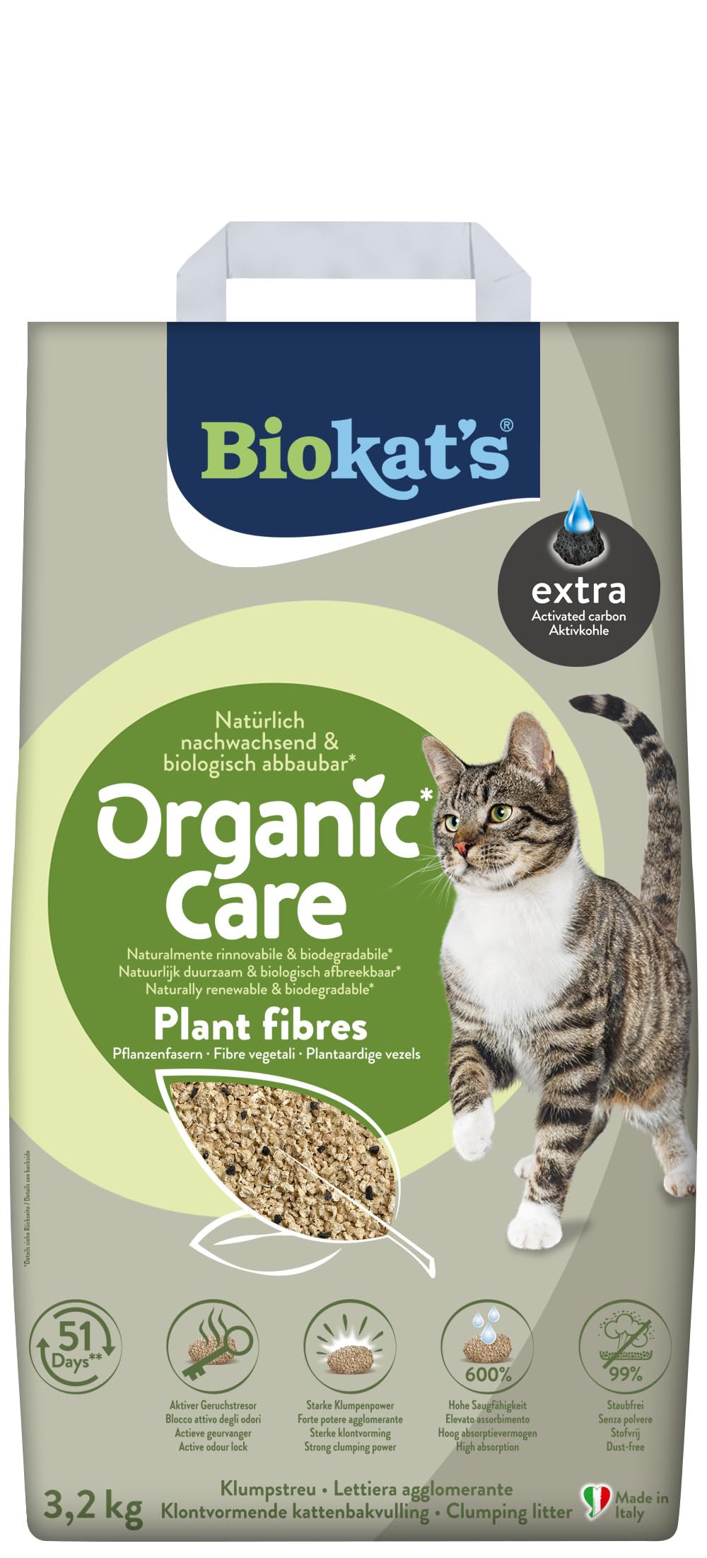Biokat's Organic Care Plant Fibres Extra mit Aktivkohle 3,2 kg - Grobe klumpende Katzenstreu aus nachwachsenden biologisch abbaubaren Pflanzenfasern - 1 Sack (1 x 3,2 kg)