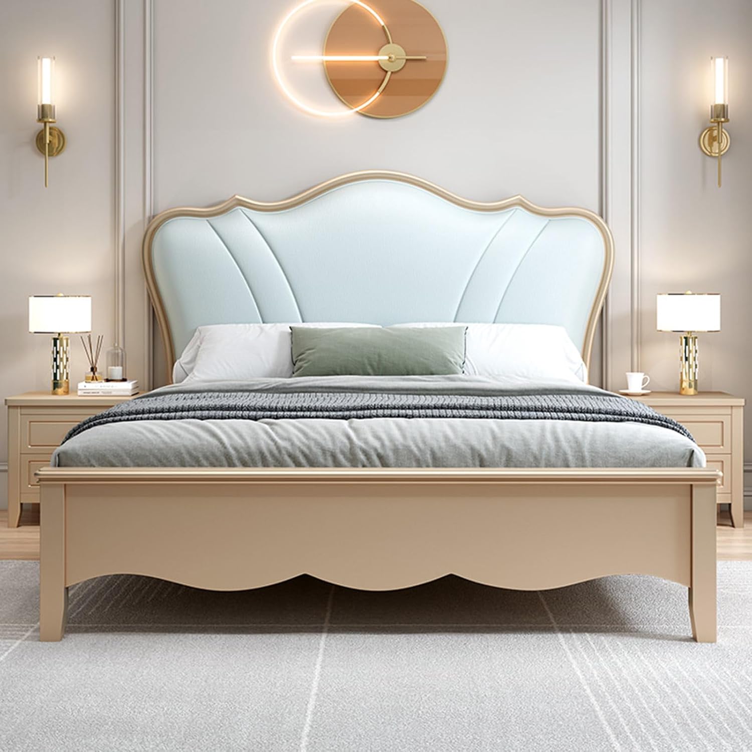 Modern White Leather Queen Size Platform Bed Wooden Slats Support with Heavy Duty Wooden Slat Support Noise-Free