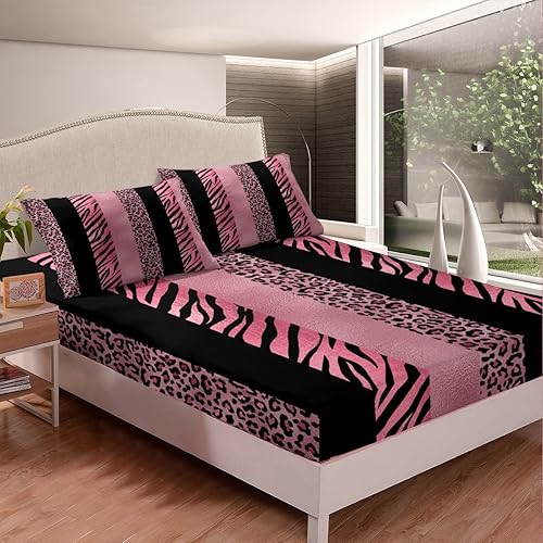 Miniatura 4 de Juego de sábanas para niños con estampado de leopardo rosa, tamaño individual, con textura de piel de cebra, decoración de habitación para niños y