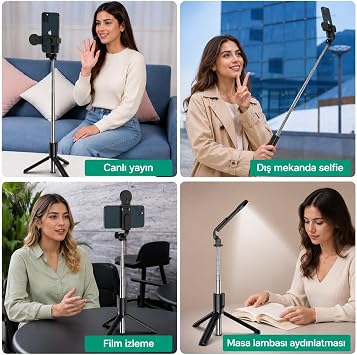 Yolans G4 LED Işıklı Selfie Çubuğu Tripod, 113 cm Uzayabilen Bluetooth Kumandalı Selfie Stick, 3 Işık Modlu Beyaz, Sarı, Gün Işığı, 360 Telefon Tripodu, Vlog Çekim Aparatı, Android ve iOS Uyumludur