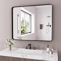 Vista 55 de Espejo de baño negro de 20x30 pulgadas con marco de metal negro, espejo de tocador rectangular redondeado con acabado mate para pared, con vidrio