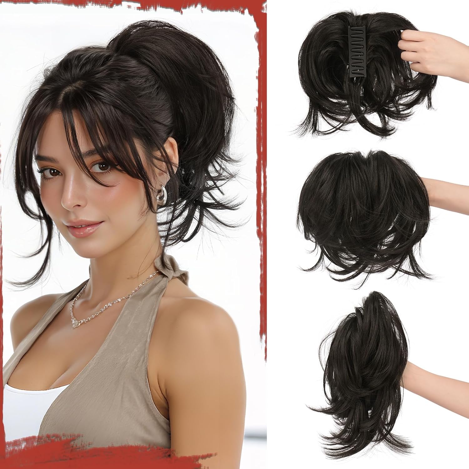 SOFEIYAN Claw Clip Short Ponytail Extension DIY Bendable Wires Hair Bun Fluffy Fake Hair Piece Straight Synthetic Hair Ponytail Extensions for Wonen – Black Brown