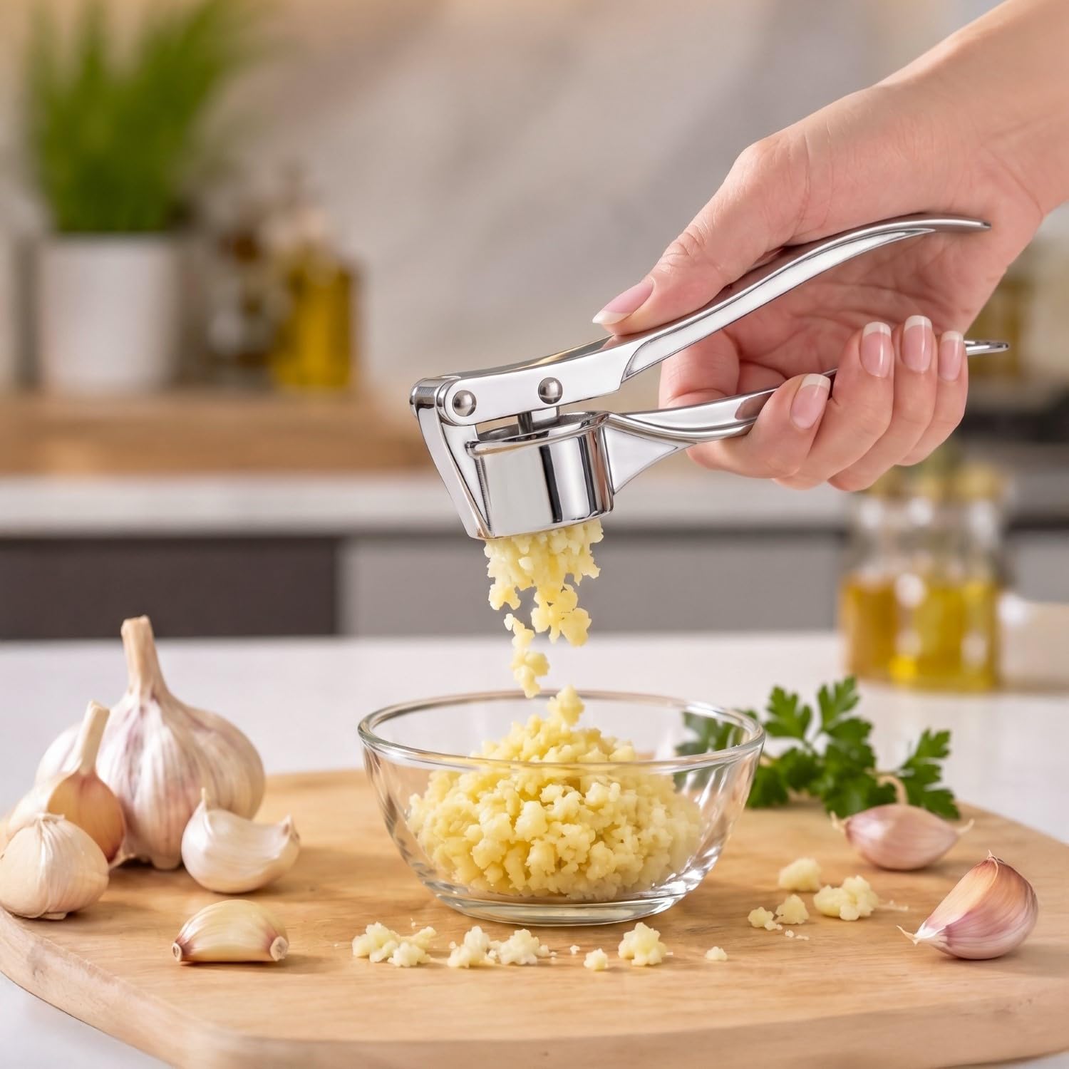 Nestasia Stainless Steel Garlic Press Crusher - Rust Resistant Manual Easy-Squeeze Ginger Mincer for Kitchen | Dishwasher Safe Hand Press Garlic Grinding Tool for Fine Mincing