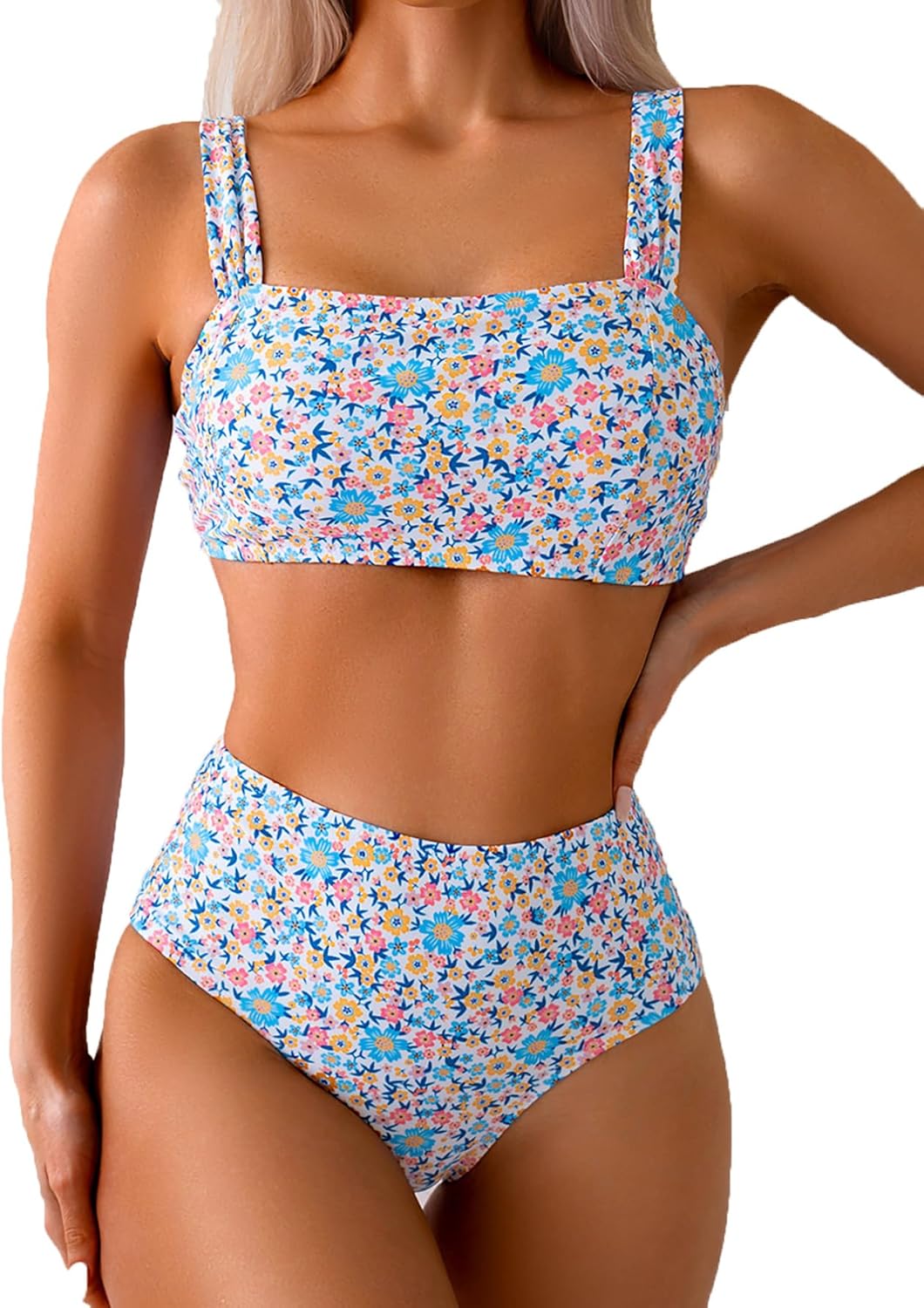 Fanuerg Women's High Waisted Bikini Sets Wide Straps Two Piece Swimsuit Floral Print Bathing Suits