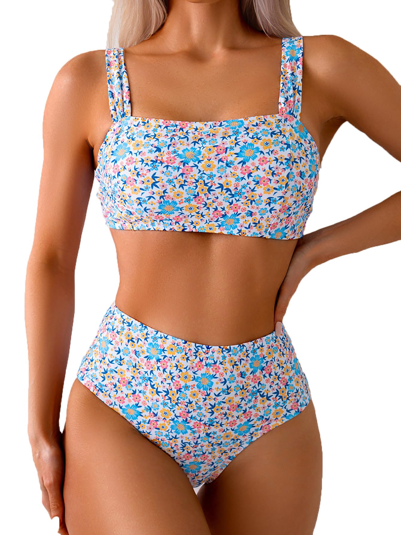 Women's High Waisted Bikini Sets Wide Straps Two Piece Swimsuit Floral Print Bathing Suits-image-20