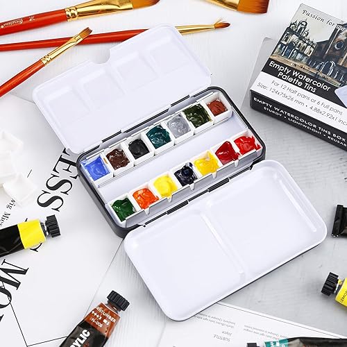 Miniatura 4 de MYARTOOL Paleta de acuarela vacía, caja de pintura de lata de acuarela vacía de metal con 24 piezas de medias bandejas vacías para bricolaje paleta