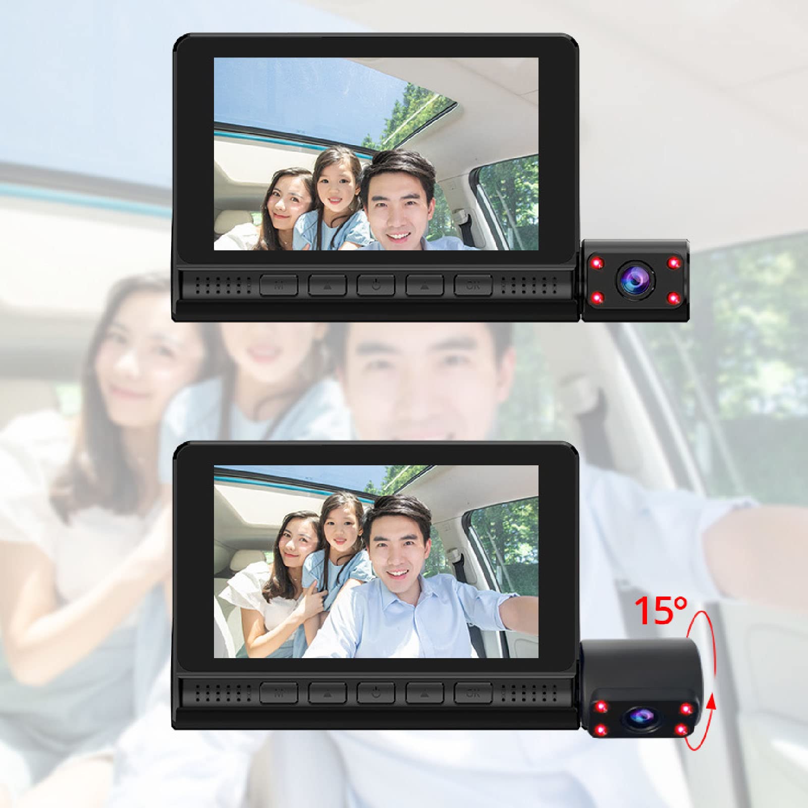 3-kanałowa kamera samochodowa 1080P z przodu i z tyłu oraz rejestrator jazdy wewnątrz i z szerokim kątem 170 stopni - kamera na desce rozdzielczej samochodu z ekranem dotykowym,