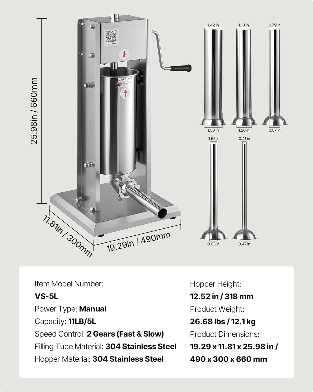 VEVOR Manual Sausage Stuffer, 11 LBS / 5 L Vertical Meat Stuffer, Dual-Speed Sausage Casing Meat Filling Machine, Stainless Steel Heavy Duty Filler with 5 Stuffing Tubes, for Commercial & Home Use