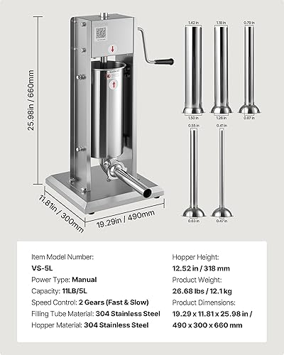 Miniatura 60 de VEVOR Relleno de salchichas, capacidad de 22 libras/10 L, relleno eléctrico de salchichas de acero inoxidable 304, relleno eléctrico vertical
