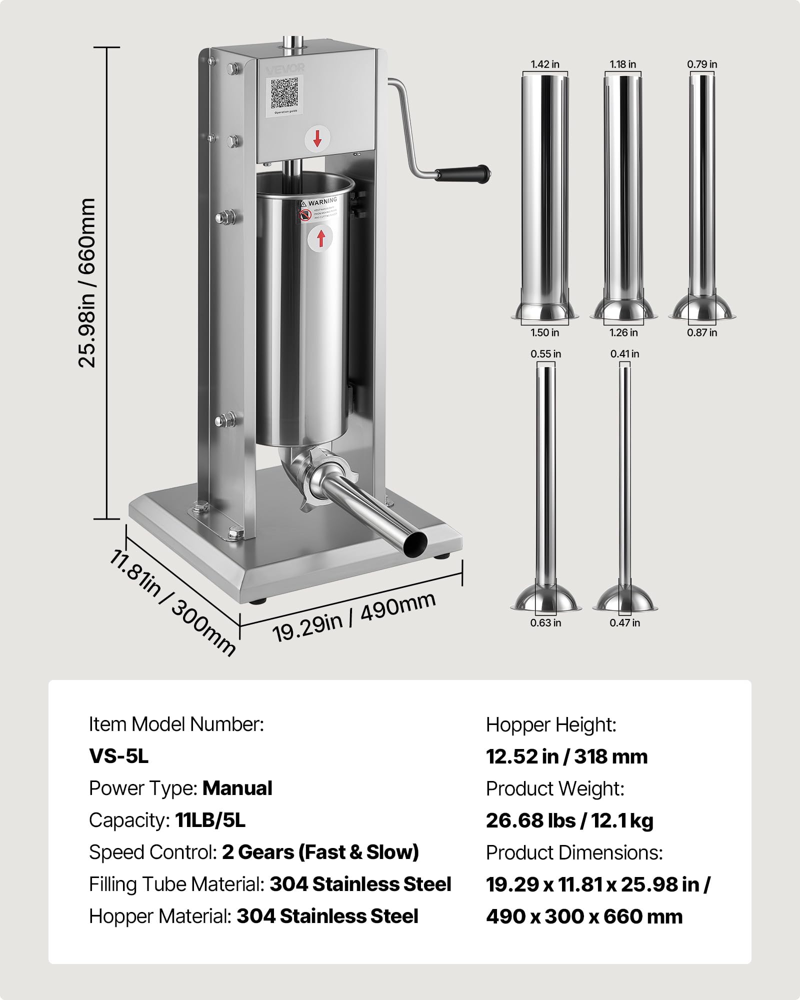 VEVOR manueller Wurstfüller 5 L vertikale Wurstfüllmaschine Fleischfüller mit 2 Geschwindigkeiten (schnell/langsam), Hochleistungsfüller aus Edelstahl mit 5 Wurstfüllrohren, Fleischfüllen