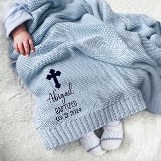 IZI POD Personalized Baby Baptism Knit Blanket, Custom Embroidered Boy Girl Christening Blanket, Custom Name and Date, Baptismal Keepsake, Gifts for Baby, Birthday, Baptized - Style 3