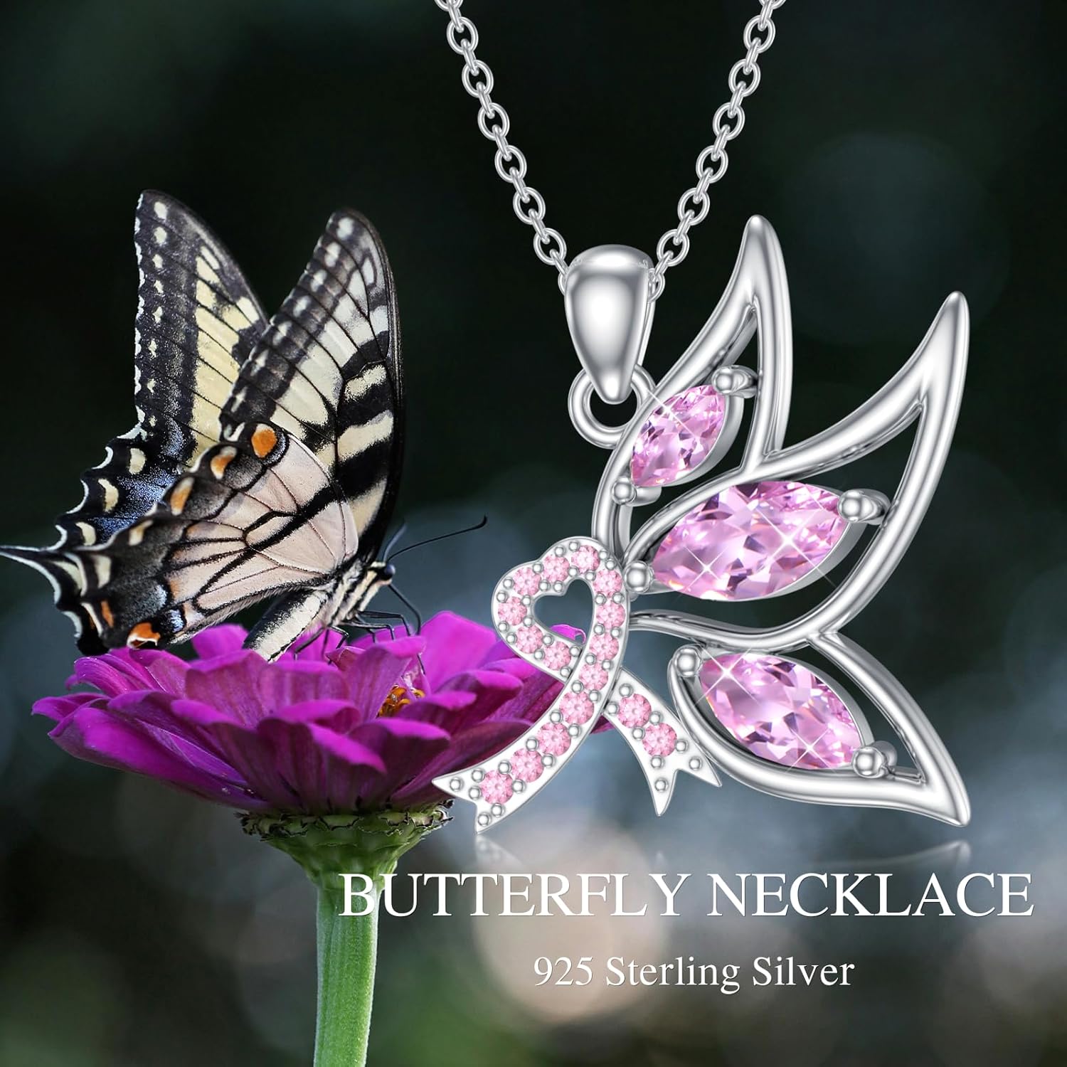 925 Sterling Silver Breast Cancer Awareness Necklace Butterfly/Dragonfly/Cross Pendant Necklace Pink Ribbon Necklace Breast Cancer Survivor Gifts for Women - Image 3