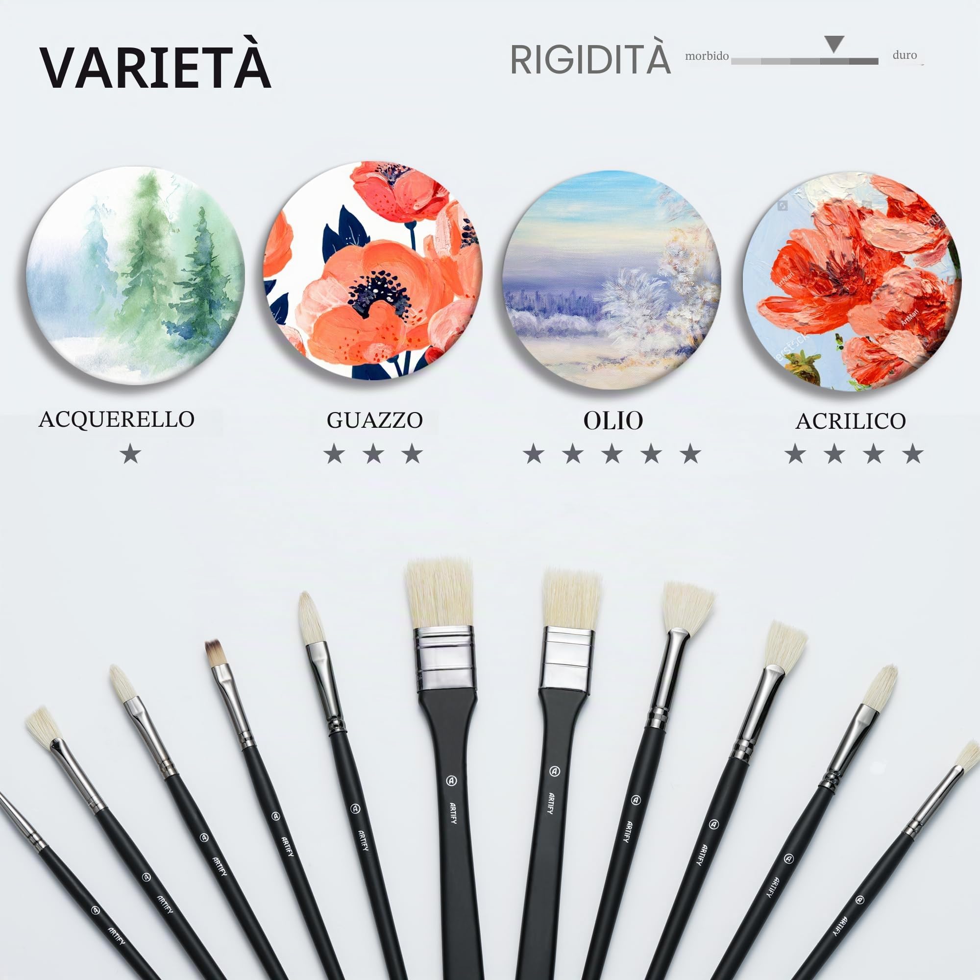 ARTIFY Set di pennelli per pittura a olio - Set di 11 pennelli per artisti per pittura a olio, pennelli con setole di maiale con una spazzola in nylon aggiuntiva, per olio, acrilico e guazzo
