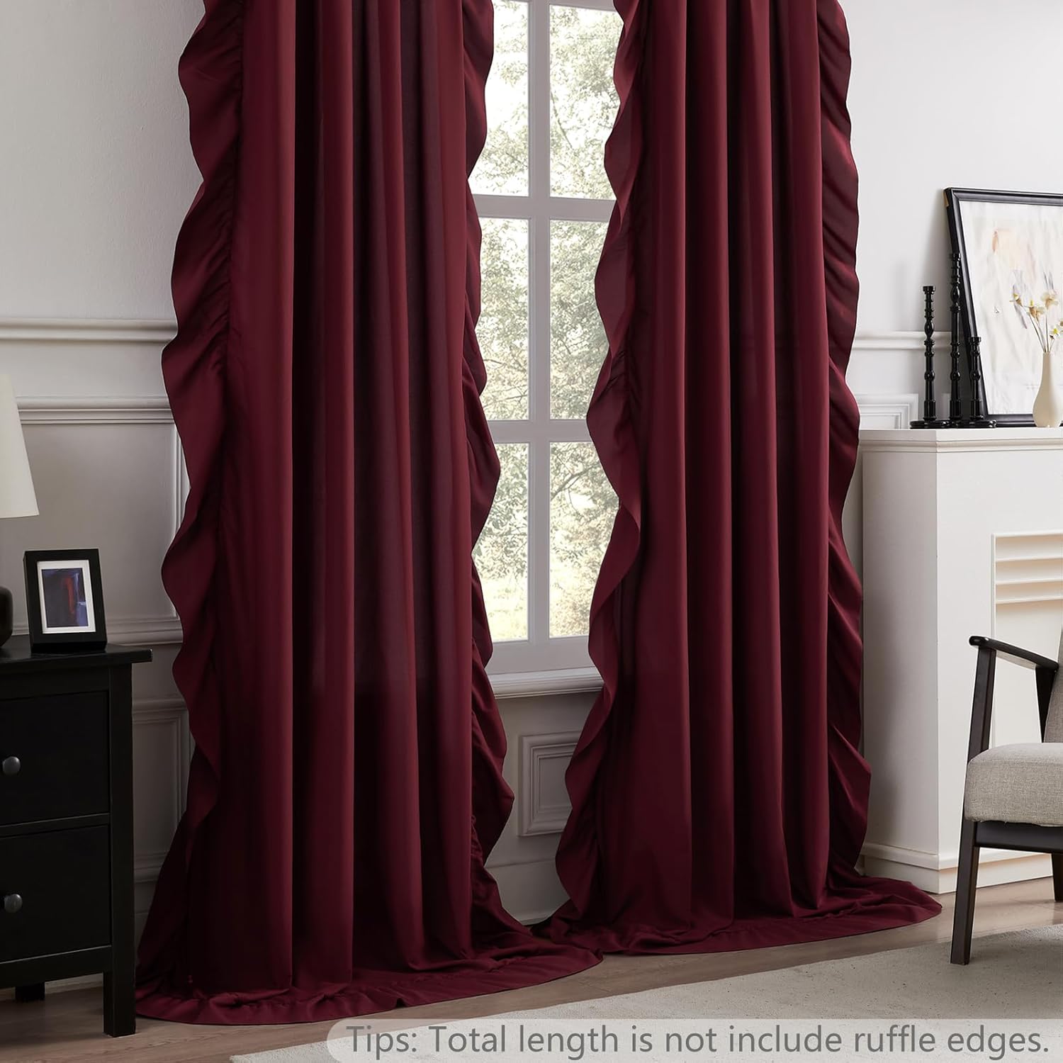 Burgundy Ruffle Curtains 96 Inches Long 2 Panels for Living Room Girls Room Cottage Rod Pocket Light Filtering Vintage Romantic Curtains for Dining Room Holiday Window Privacy Decor Basement, 52x96