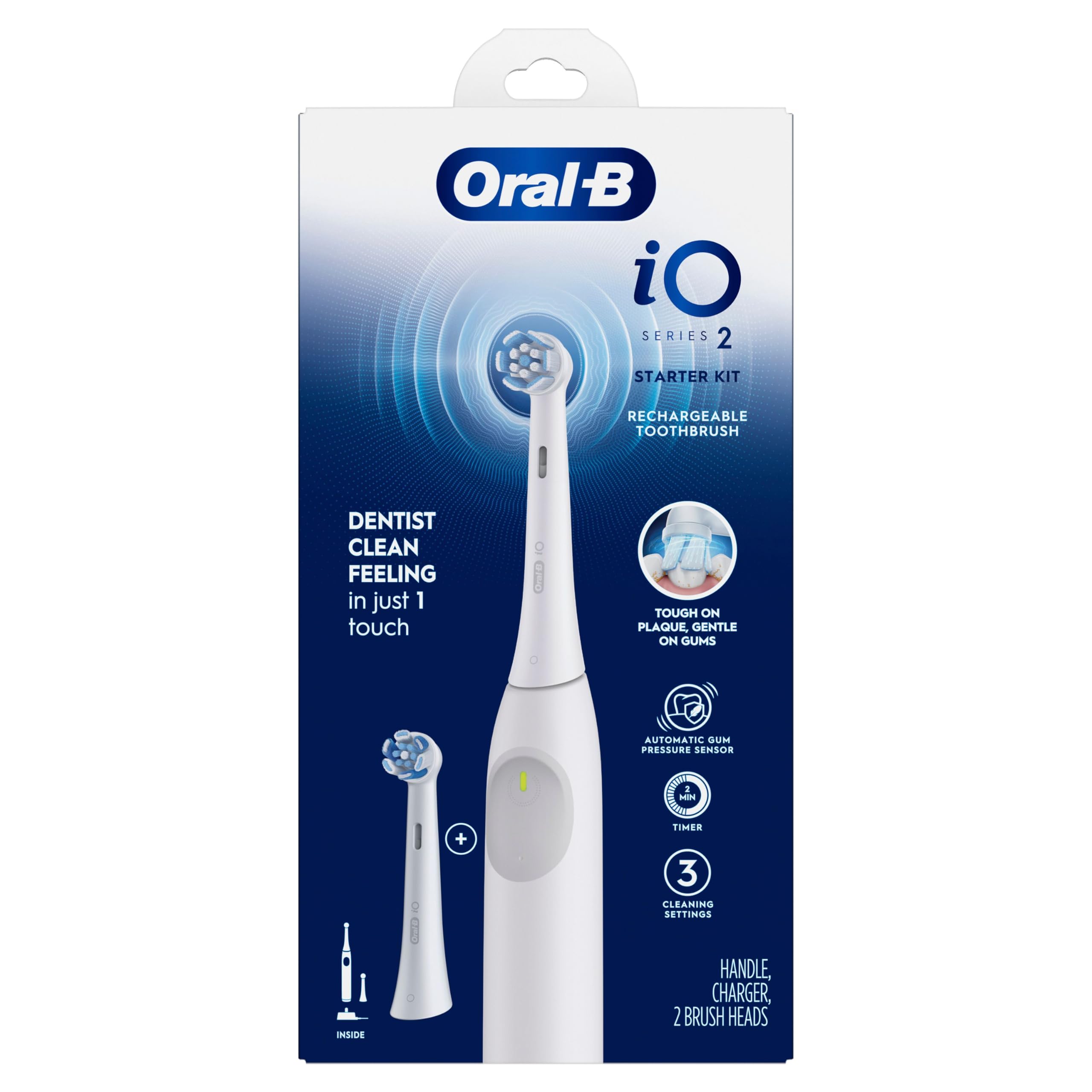 Oral-B Spazzolino Elettrico Ricaricabile, Starter Kit iO2, 3 Modalità di Pulizia, Sensore di Pressione Automatico per Proteggere le Gengive, 2 Testine, Bianco Puro
