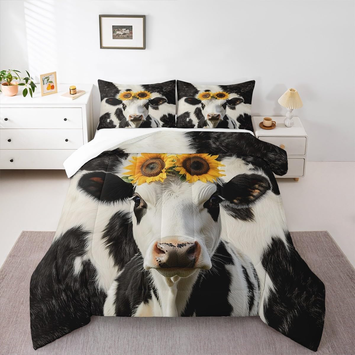 Erosebridal Cow Print Bedding Set Full Cow Fur Print Comforter Set Highland Cattle Bedding Comforter Sets Sunflower Floral Duvet Insert Western Cowboy Quilted Comforter with 2 Pillowcases Microfiber