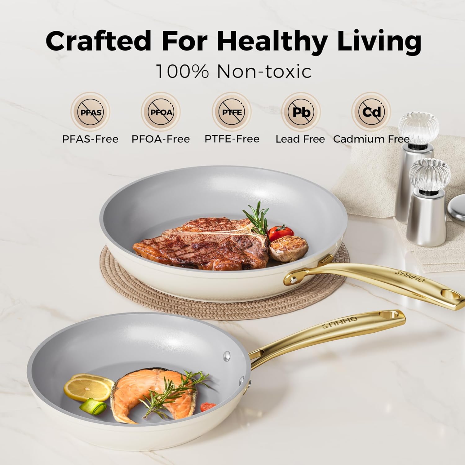 Sanho 2-Piece Nonstick Frying Pan Set (8 & 10 Inch), Diamond-Titanium Ceramic Coating PFAS/PFOA Free, Oven & Dishwasher Safe Skillets, Induction Compatible with Cool Touch PVD Handles