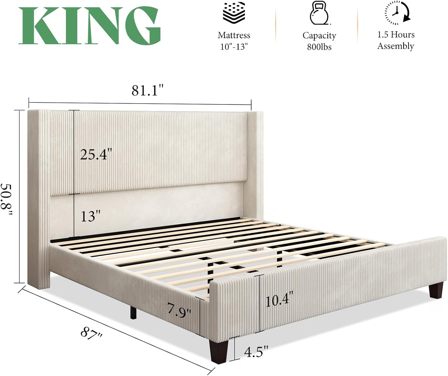 AMERLIFE King Size Upholstered Bed Frame with 50.8" Tall Headboard, Wingback Platform Bed with Solid Wood Legs, Wooden Slats, Corduroy/No Box Spring Needed/Noise Free/Cream