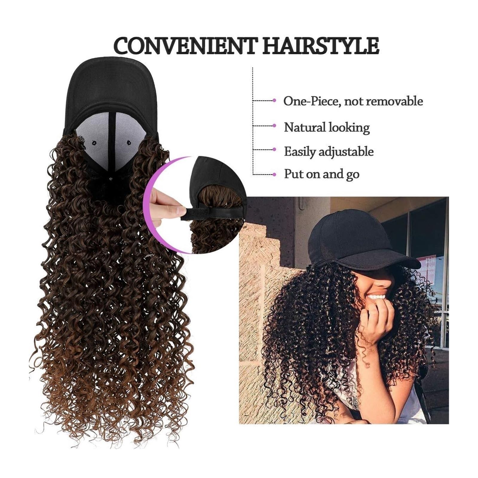 Wig Cap Gorra de béisbol Peluca Sintética Pelucas rizadas largas Sombrero Natural Negro/marrón con cabello for mujer(F988)