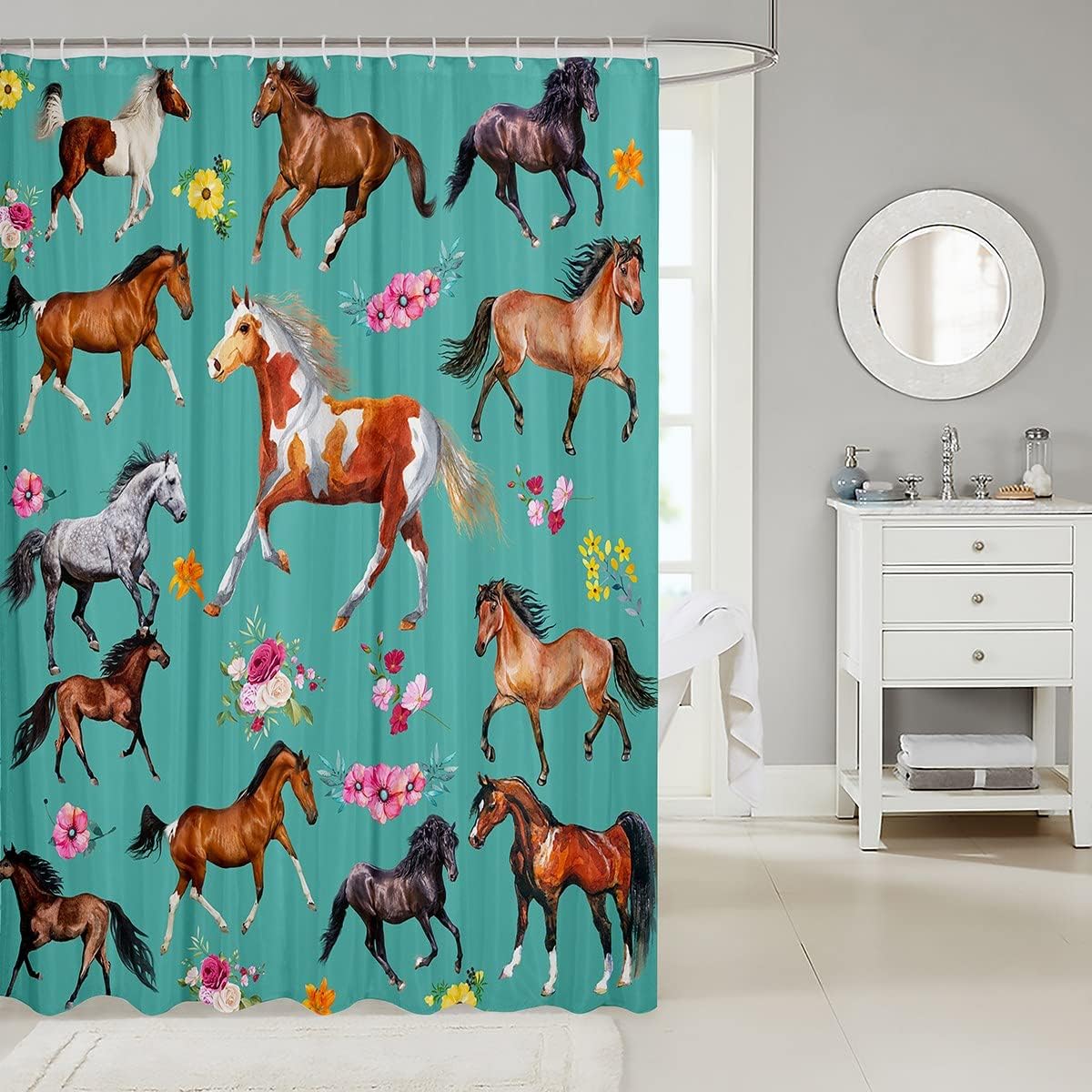 Feelyou Girls Cute Horse Shower Curtain for Girls Floral Galloping Horses Bathroom Shower Curtain Set Pink Floral Farmhouse Bath Curtain Galloping Horse Teel Green Kids Bathroom Accessories 72"x78"