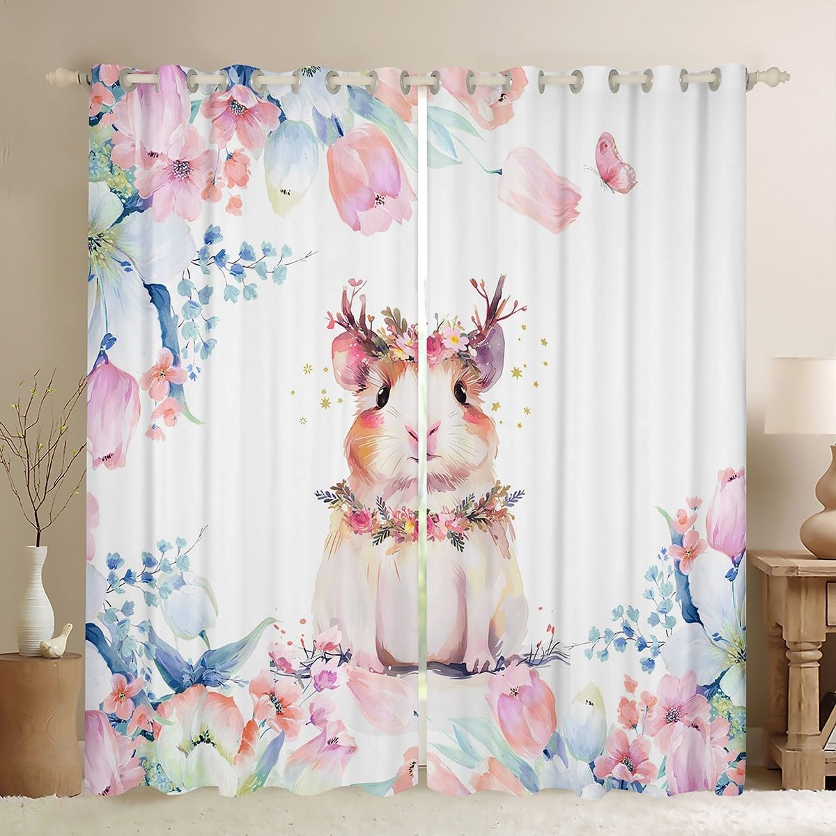Feelyou Kids Cute Guinea Pig Curtains for Bedroom (2 Panels, 38 x 45 Inch) Boys Girls Kawaii Cavy Pattern Blackout Curtains Flower Floral Print Darkening Drapes Cartoon Lovely Pet Animal