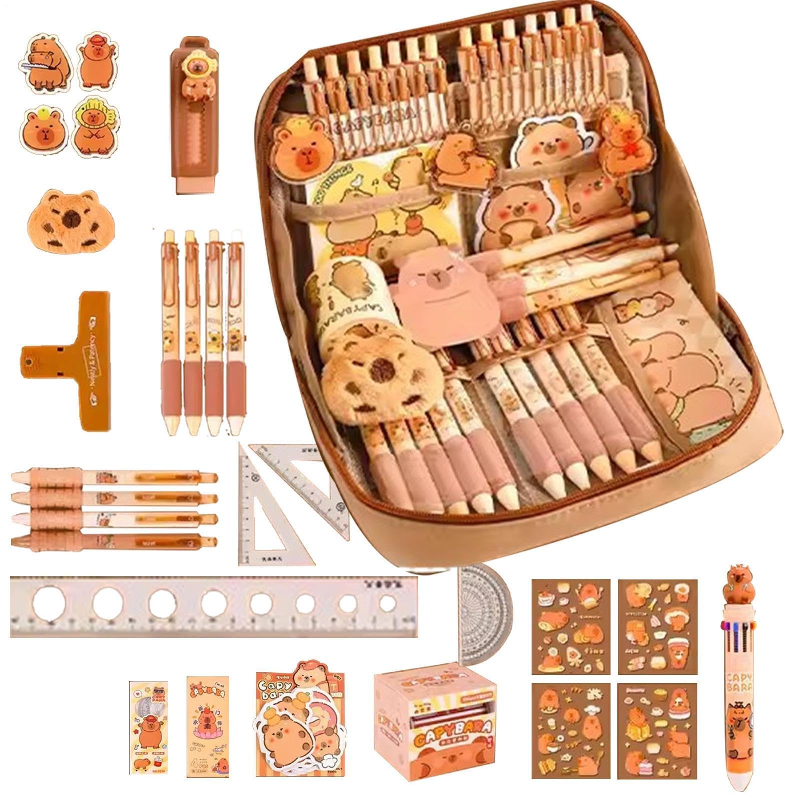 Capybara - Set di cancelleria con ampia apertura, grazioso organizer per matite per studenti, materiale scolastico per ragazzi e ragazze, con gomma, penne a sfera, adesivi, spilla, righelli, note
