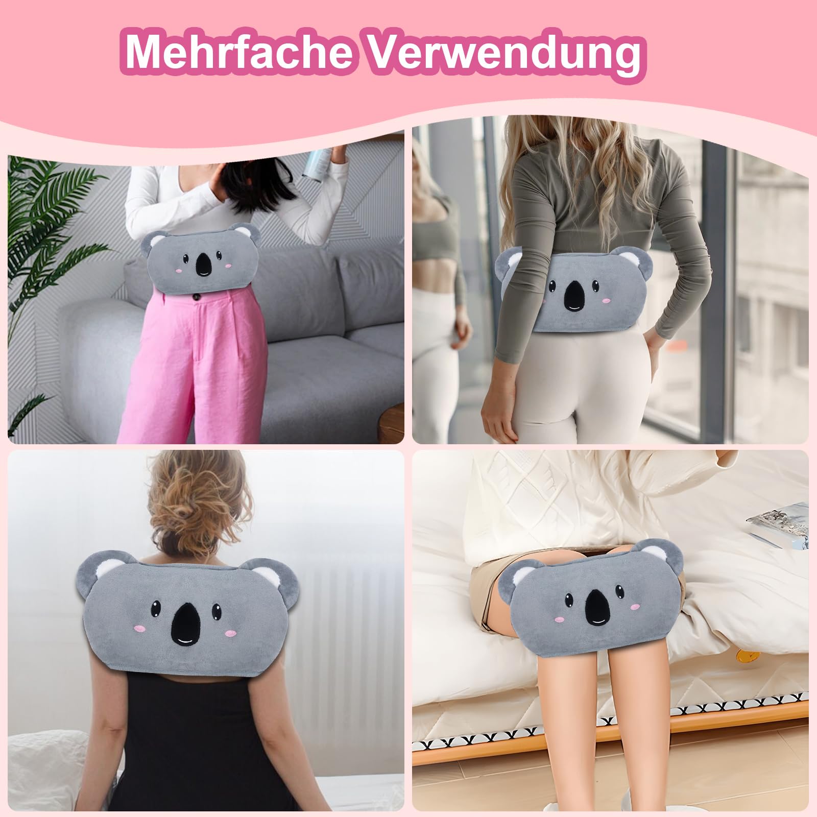 Wärmflaschengürtel 3 in 1 Wärmflasche mit Gürtel, 1L PVC Wärmeflasche mit Bezug Wärmeflasche Wärme Koala Tier 120cm Verlängerte Tragbarer Wärmflasche Gürtel für Rücken Bauch und Nacken