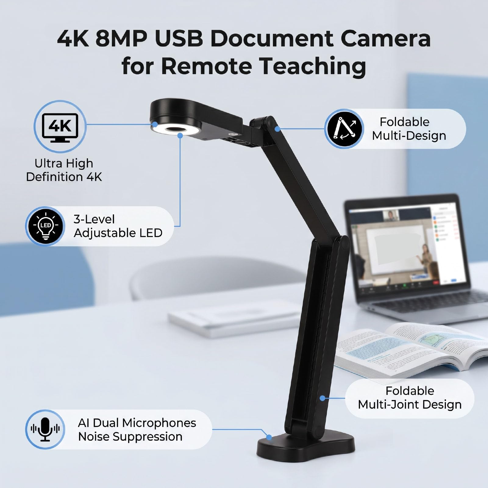 Tosuny Cámara de Documentos USB 4K 8MP con Enfoque Automático, Escáner A3/ Plegable, Luz LED Ajustable y Micrófono Dual, de Imagen para Enseñanza Remota y Videoconferencias