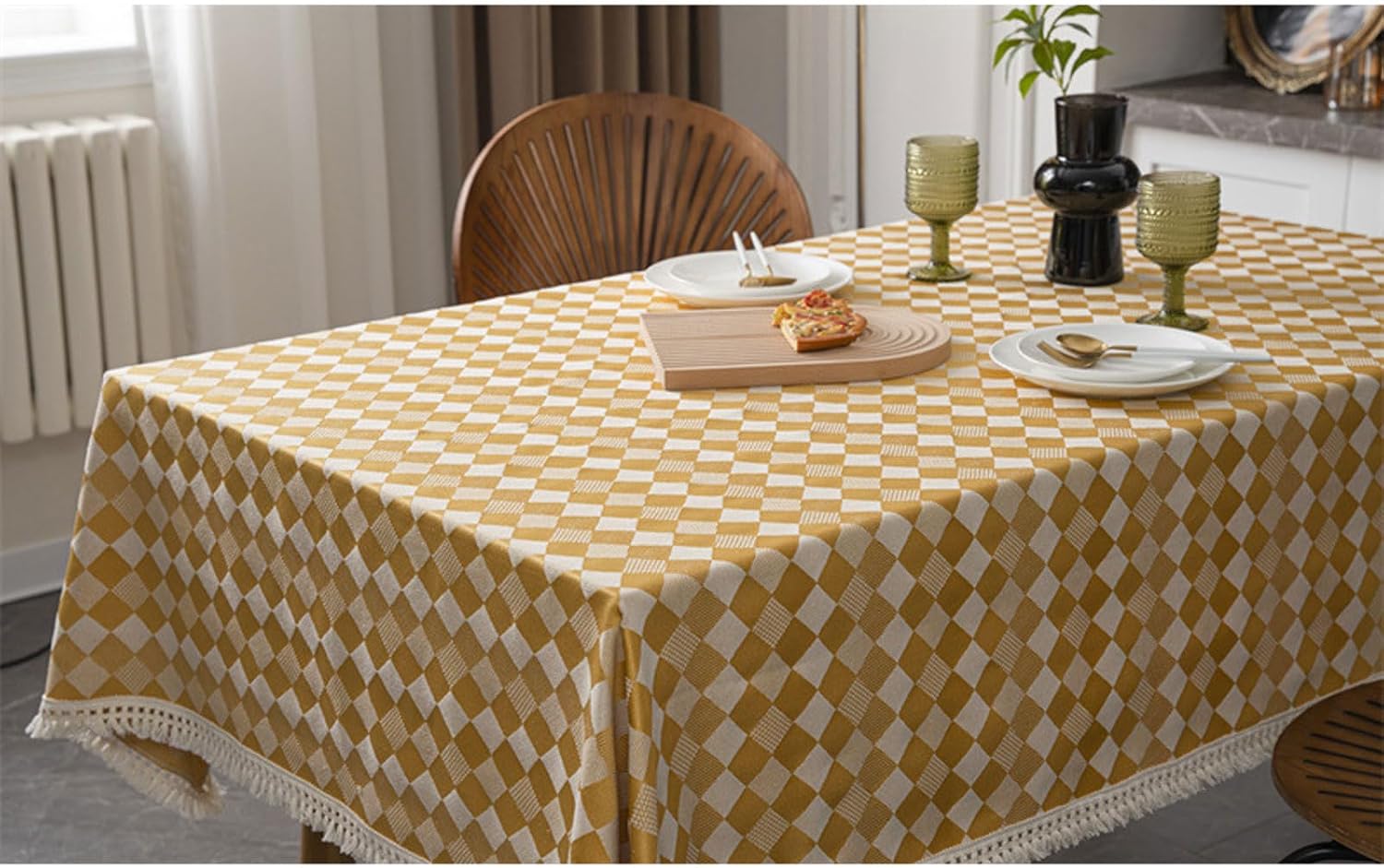 Geometric Tablecloth Checkered Jacquard Tassels Rectangular Tablecloth Coffee Table Cloth,A,140 * 180cm