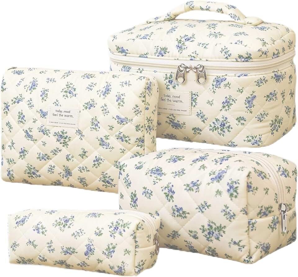 Nocyclonic 4er Set Kosmetiktasche Blumen MäDchen,Kulturtasche Damen,Gesteppte Make Up Tasche,Baumwol