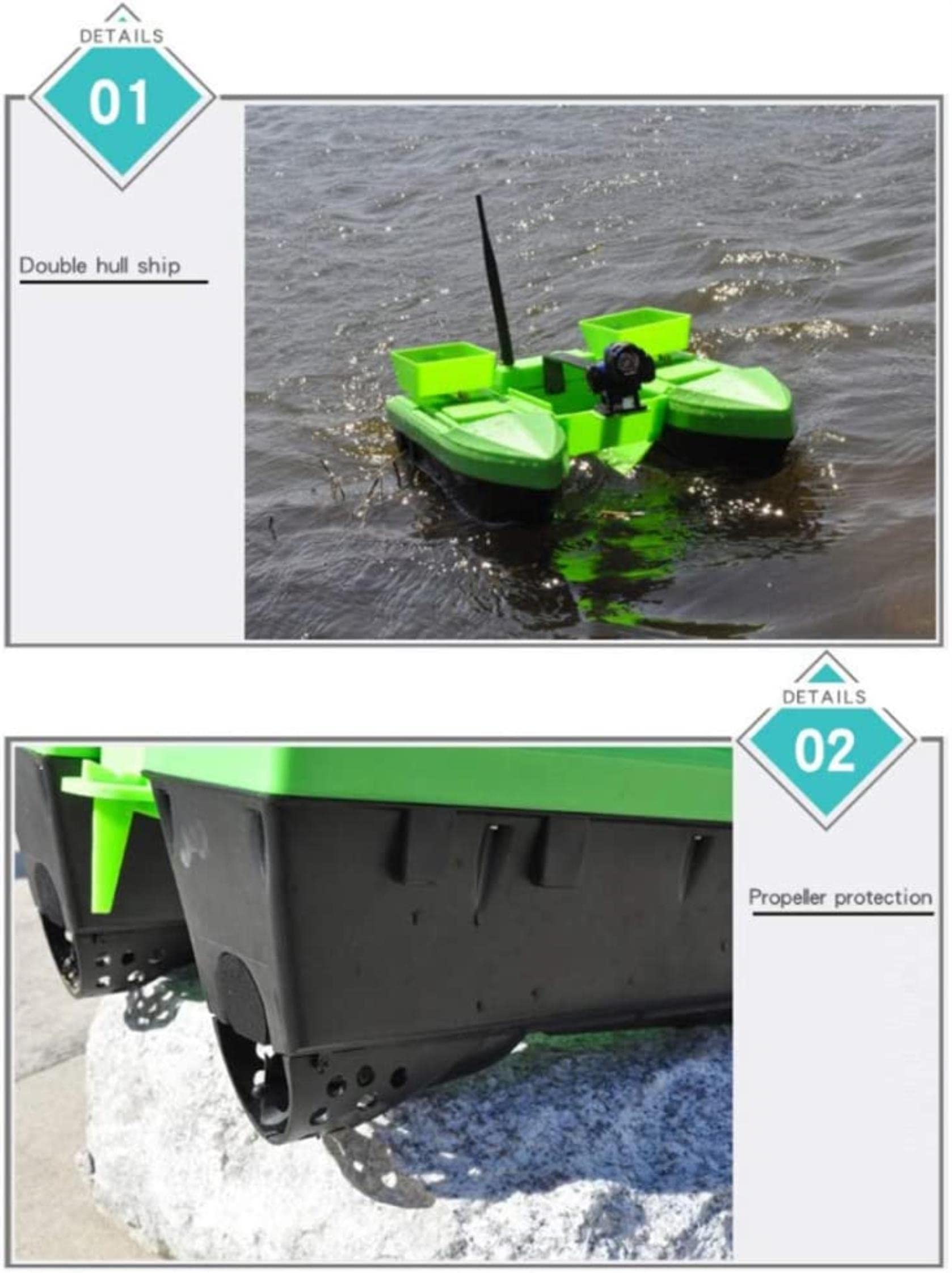 Barco de cebo de pesca de 2.4 GHz RC Crucero fijo Crucero Inalámbrico Barco de cebo de control remoto para el río y el lago Barco de señuelo de 500 m con luz nocturna, carga de 2 kg y motores dobles