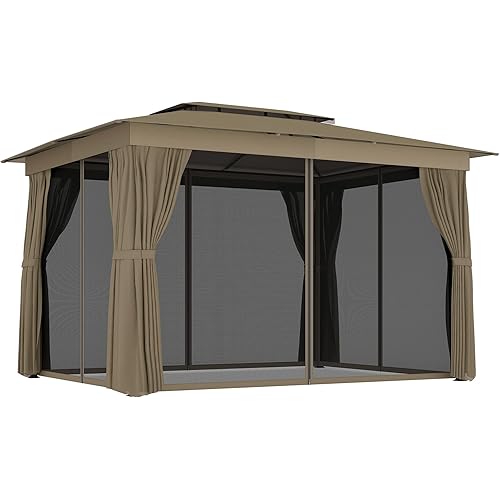 Outsunny 10' x 12' Outdoor Patio Gazebo, Soft Top Gazebo Canopy Shelter with Double Roof, Curtains, Netting, Steel Frame, UPF30+ Protection, Ceiling Hooks for Lawn, Backyard, Deck, Khaki