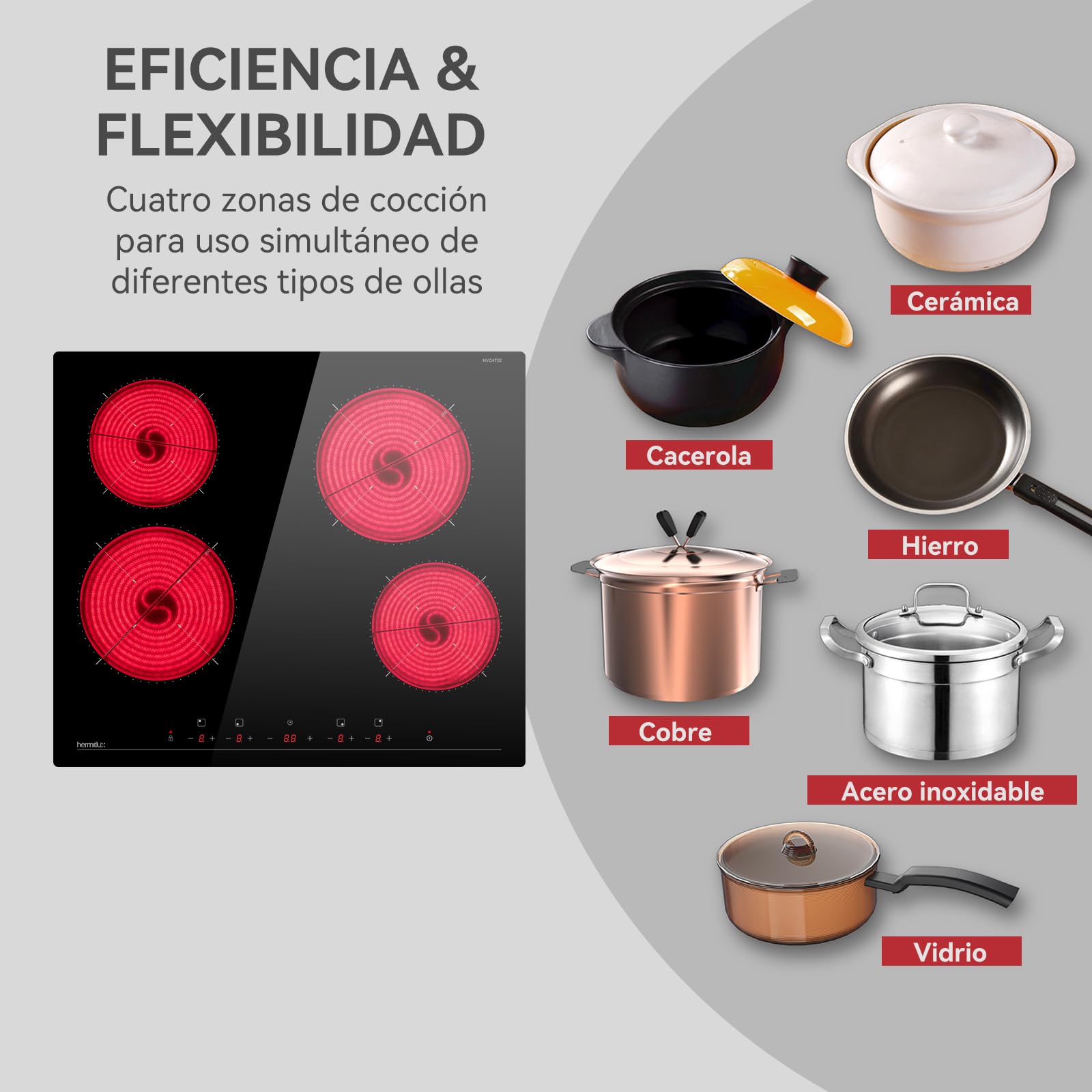Hermitlux Placa Vitroceramica 4 Fuegos 59cm, 6600W, 9 Niveles, Sin Enchufe