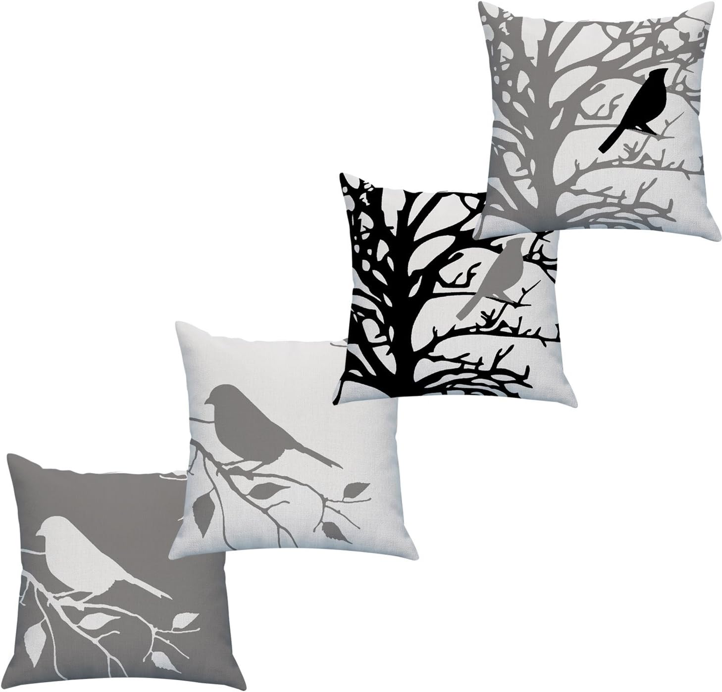 LAZAMYASA Square Cartoon Bird Printed Cushion Cover Cotton Throw Pillow Case Sham Slipover Pillowslip Pillowcase for Home Sofa Couch Chair Back Seat,4PCS,Grey,20x20in