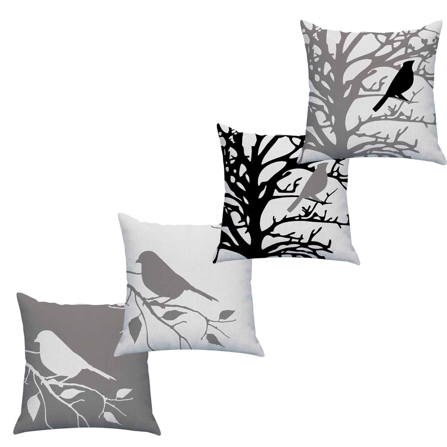 LAZAMYASA Square Cartoon Bird Printed Cushion Cover Cotton Throw Pillow Case Sham Slipover Pillowslip Pillowcase for Home Sofa Couch Chair Back Seat,4PCS,Grey,20x20in
