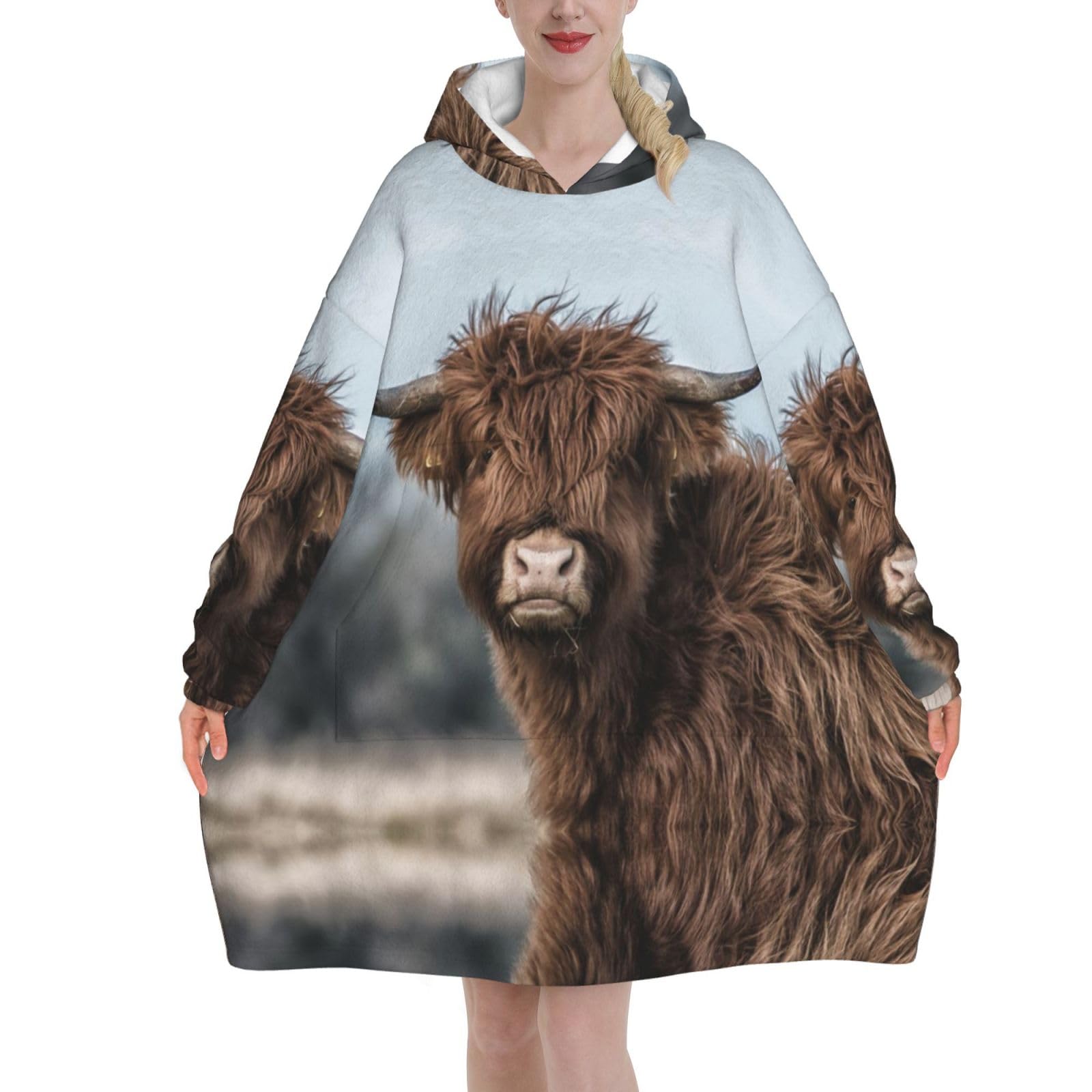 Poadnly Unisex As Picture Highland Cow Scottish Wildlife,Women's Oversized Wearable Blanket Hoodie, Blanket Sweatshirt,Flannel Pullover Blanket