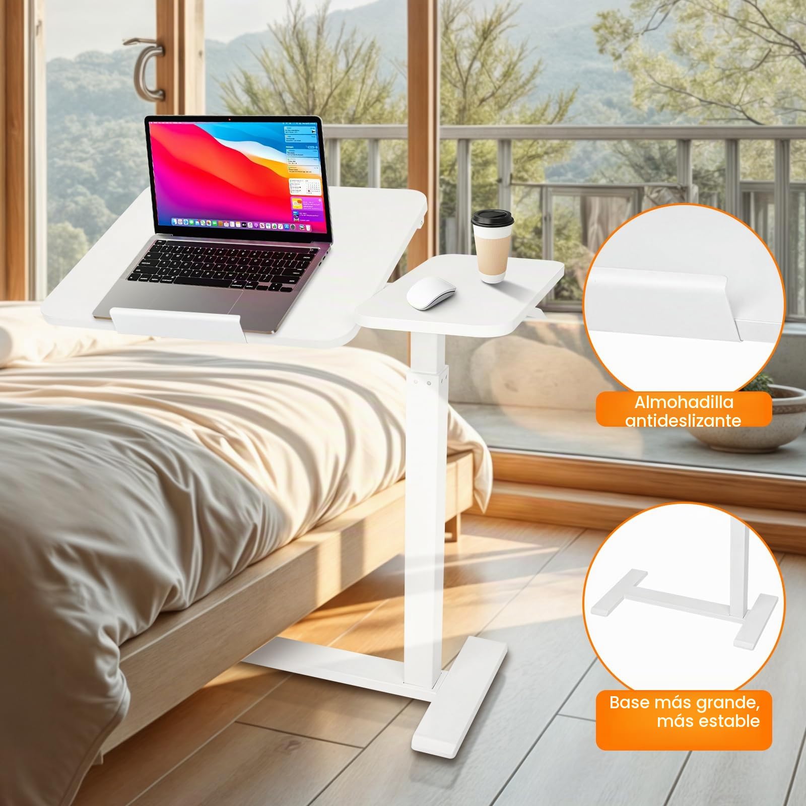 Mesa de Cama neumática Ajustable con Ruedas, Parte Superior Dividida, Mesa de Noche reclinable con Bandeja rodante para Ordenador portátil, Ordenador portátil, Altura 66-106 cm
