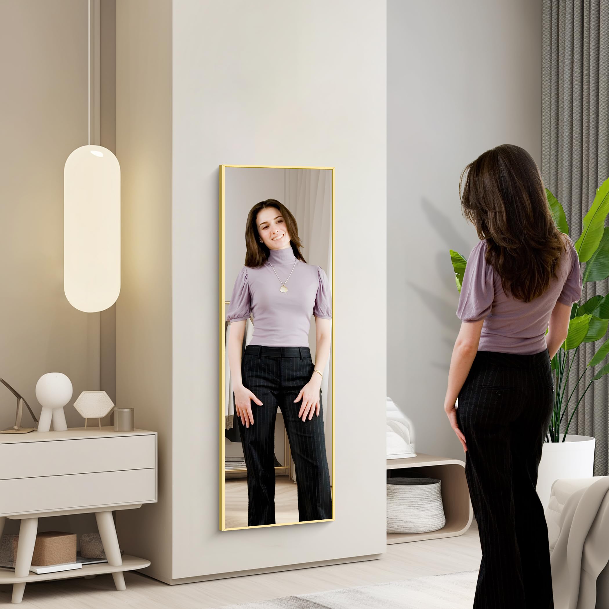 KOCUUY Specchio rettangolare per tutto il corpo, 147 x 44 cm, grande specchio da parete con cornice in alluminio dorato, da appendere, in piedi, inclinabile, per soggiorno, camera da letto e corridoi
