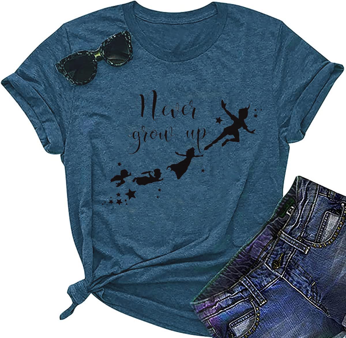 Never Grow Up Shirt for Women Magic Kingdom Tshirt Family Vacation Tee Fairy Graphic Short Sleeve Tops