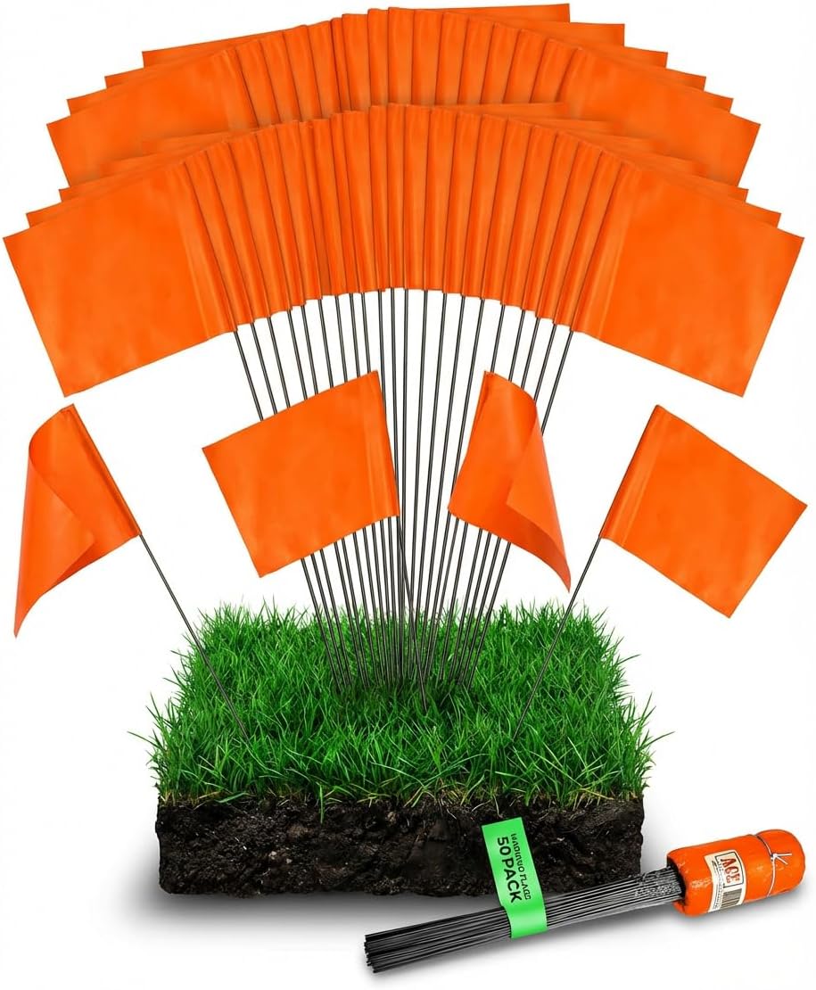 Fluorescent Orange Marking Flags - 4x5-Inch Flag, 15-Inch Wire, 50 Pack - Perfect for Lawn, Landscape, Marker, Survey, Sprinkler, and Irrigation