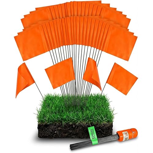 Fluorescent Orange Yard Marking Flags - 4x5x15 Inch Marker Flags - 50 Pack - Markers For Lawn, Irrigation, Landscaping, Survey & Sprinkler Head Marking