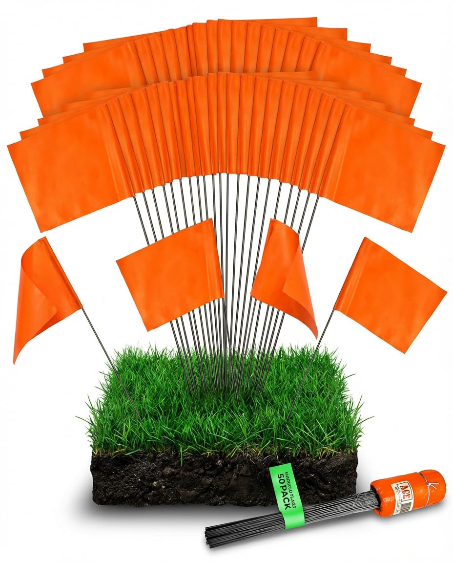 Fluorescent Orange Marking Flags - 4x5-Inch Flag, 15-Inch Wire, 50 Pack - Perfect for Lawn, Landscape, Marker, Survey, Sprinkler, and Irrigation