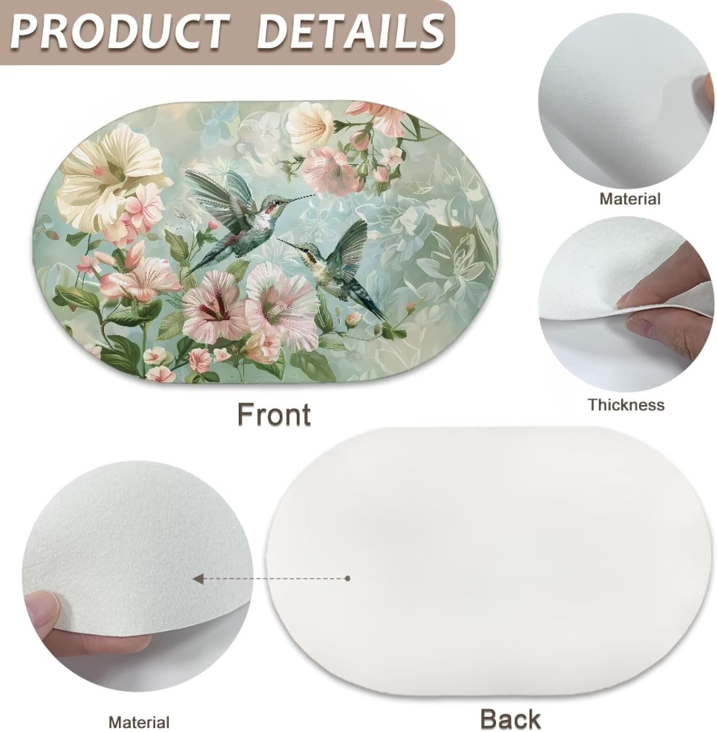 Green Hummingbird Oval Leather Placemats and Coasters, Wipeable Table Mats, Wipeable Heat-Resistant Dining Place Mats for Party Kitchen Dining Decoration
